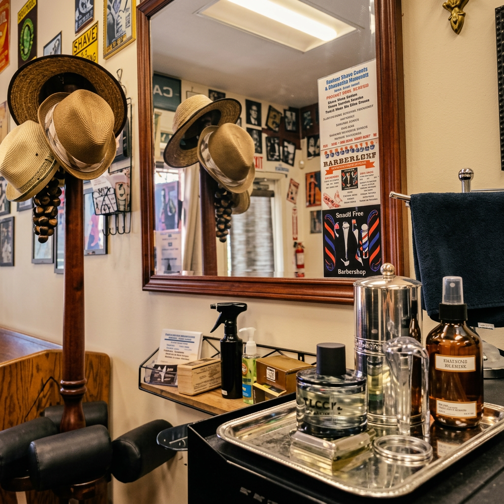 Vintage barber station with hats and tools