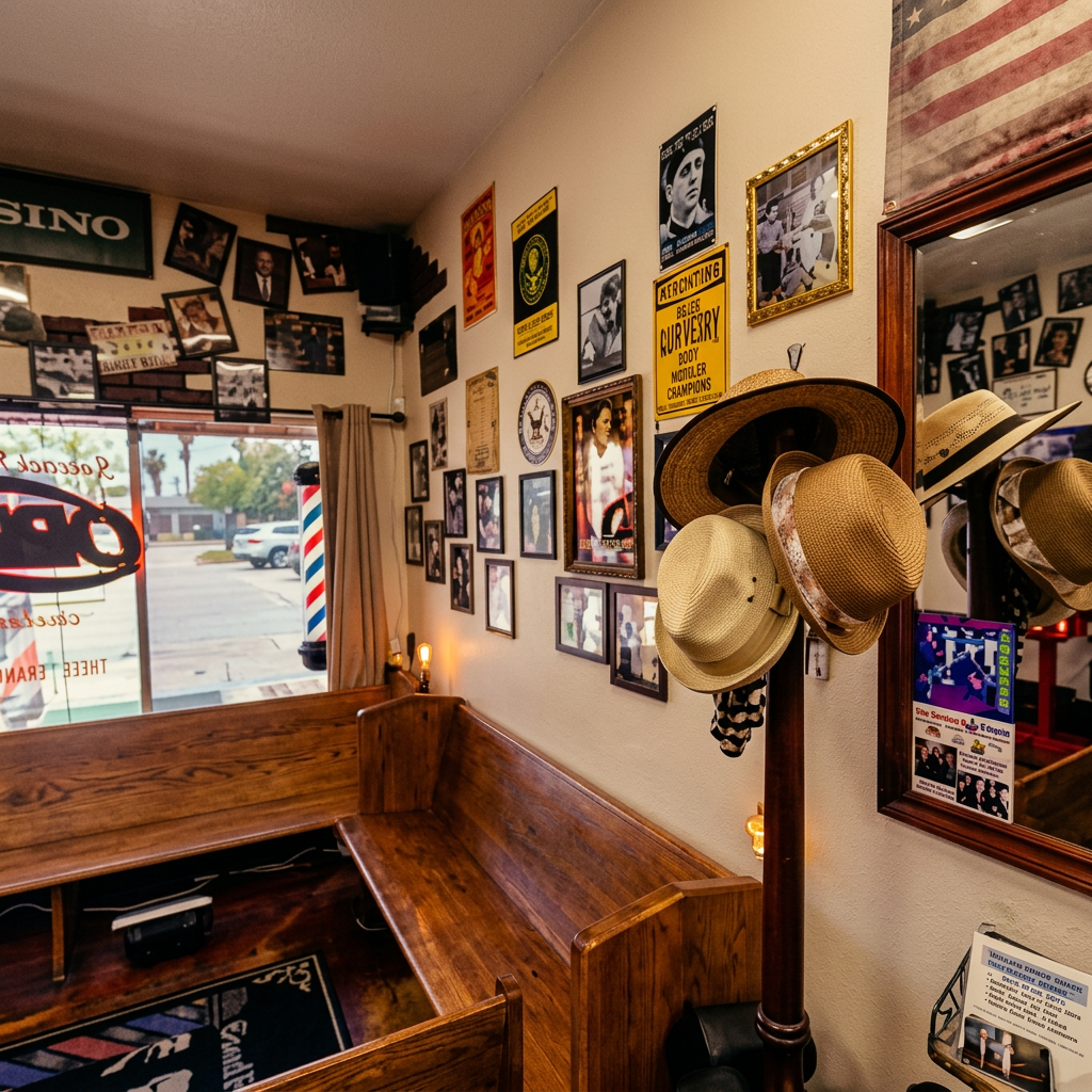 Waiting area with framed photos and memorabilia